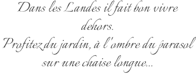 Dans les Landes il fait bon vivre dehors. Profitez du jardin, à l'ombre du parasol sur une chaise longue... 