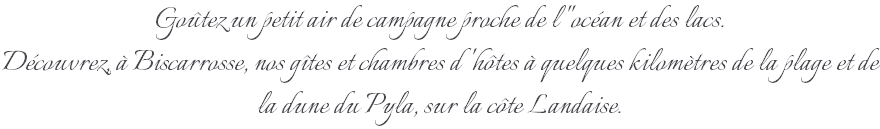 Goûtez un petit air de campagne proche de l''océan et des lacs. Découvrez, à Biscarrosse, nos gîtes et chambres d'hôtes à quelques kilomètres de la plage et de la dune du Pyla, sur la côte Landaise.